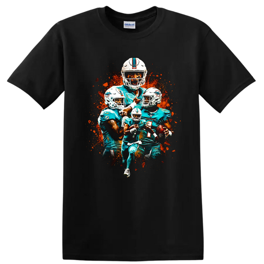 Miami Dolphins Tua Tagovailoa, Tyreek Hill and Jaylen Waddle paint-splatter collage on a Black T Shirt