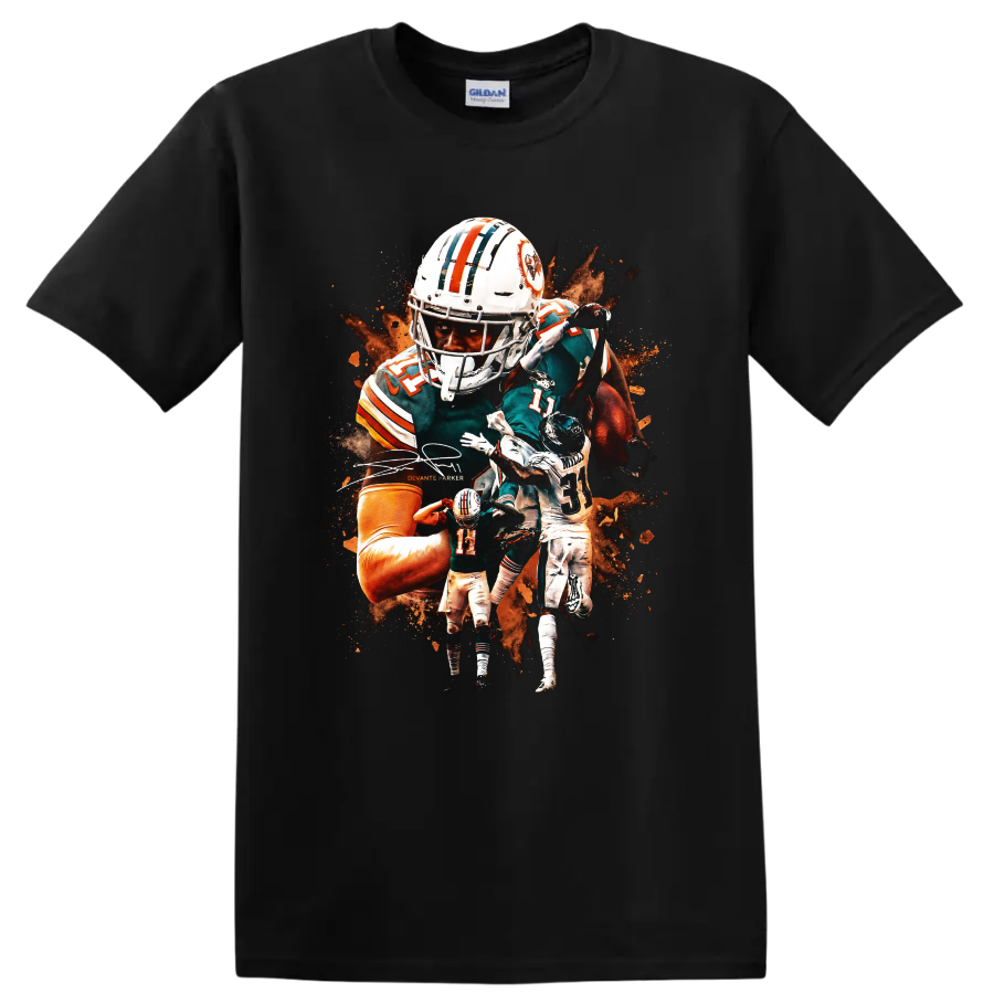 DeVante Parker Miami Dolphins action football collage with orange paint splashes on a Black T Shirt