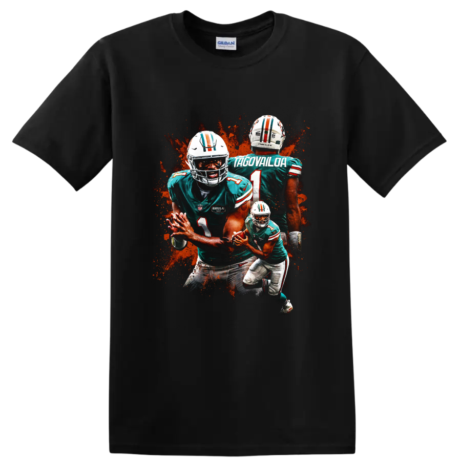 Tua Tagovailoa Miami Dolphins action graphic with layered football poses on a Black T Shirt