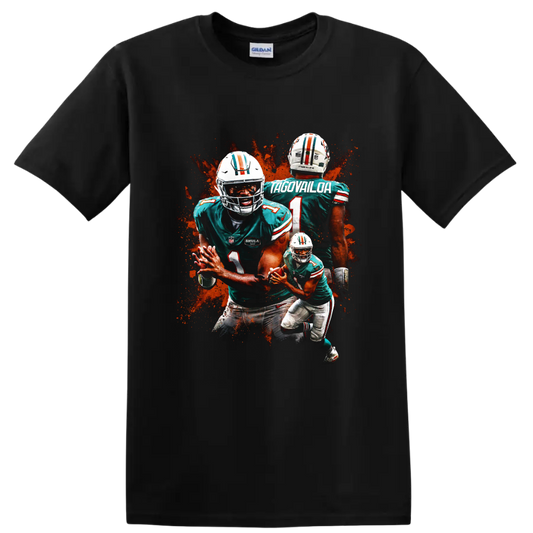 Tua Tagovailoa Miami Dolphins action graphic with layered football poses on a Black T Shirt