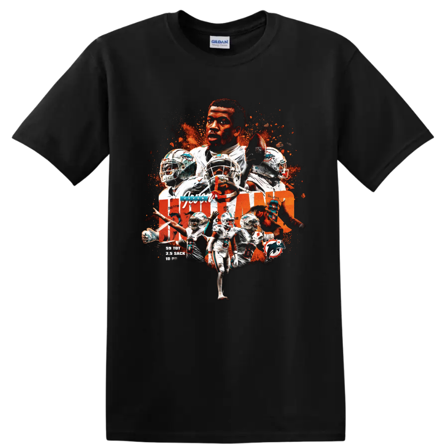 Jevon Holland Miami Dolphins safety action collage with helmets and football on a Black T Shirt