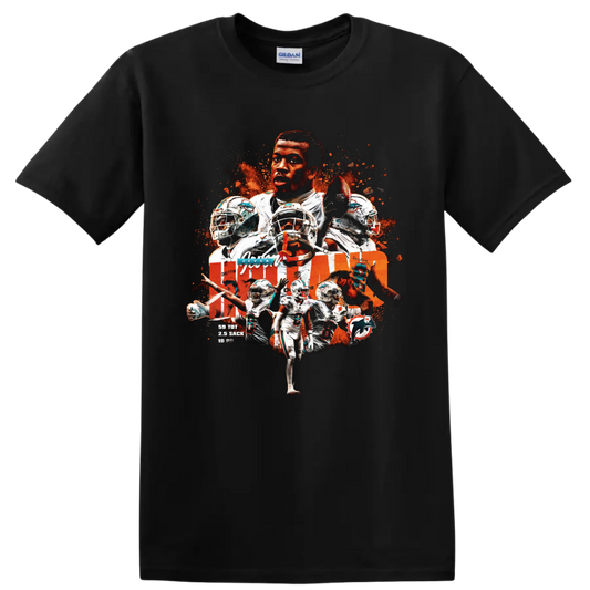 Jevon Holland Miami Dolphins safety action collage with helmets and football on a Black T Shirt