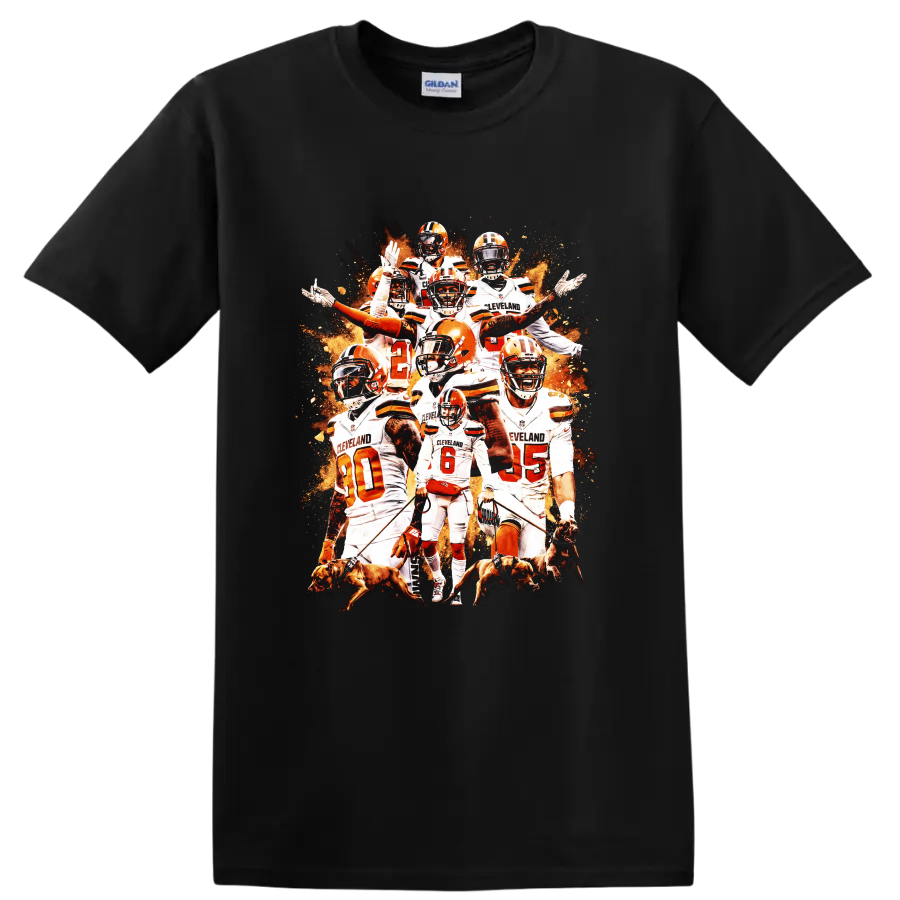 Baker Mayfield Cleveland Browns football collage with orange helmets and dogs on a Black T Shirt