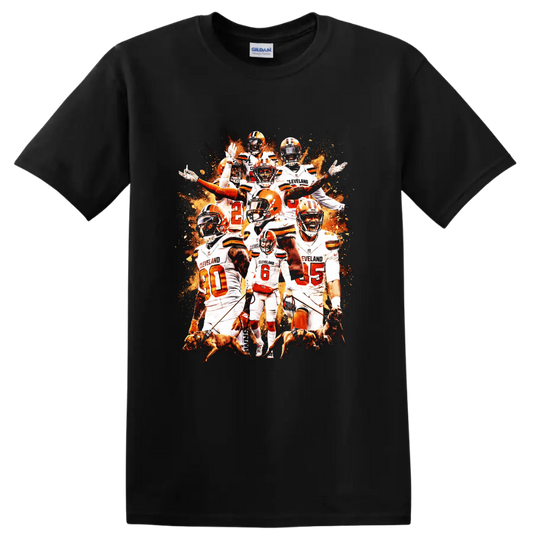 Baker Mayfield Cleveland Browns football collage with orange helmets and dogs on a Black T Shirt