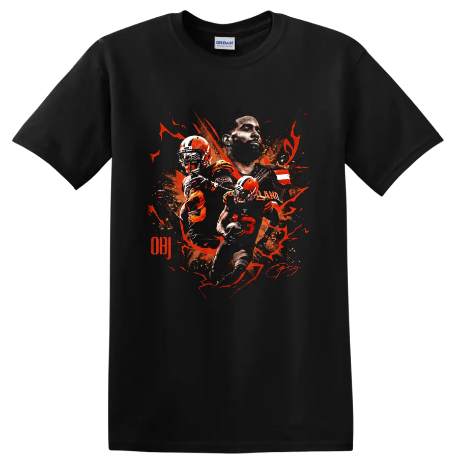 Odell Beckham Jr Cleveland Browns action portrait graphic with orange splatter on a Black T Shirt