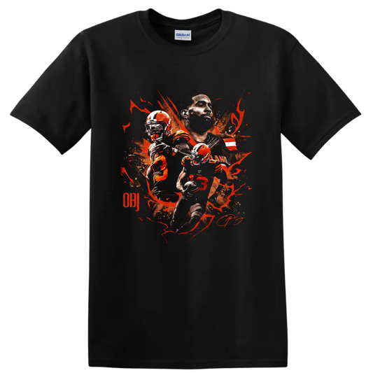 Odell Beckham Jr Cleveland Browns action portrait graphic with orange splatter on a Black T Shirt