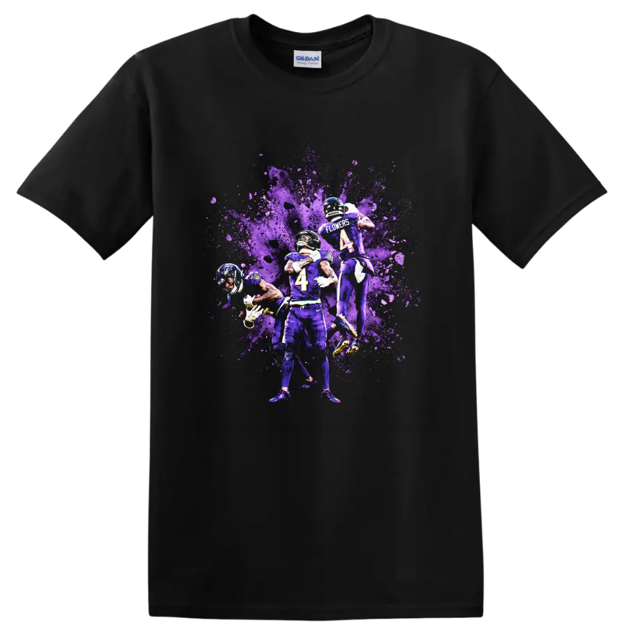 Zay Flowers Baltimore Ravens football action graphic with purple paint splash on a Black T Shirt