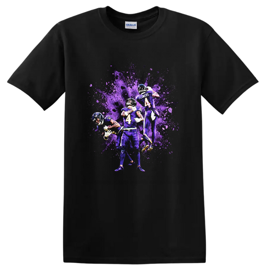 Zay Flowers Baltimore Ravens football action graphic with purple paint splash on a Black T Shirt
