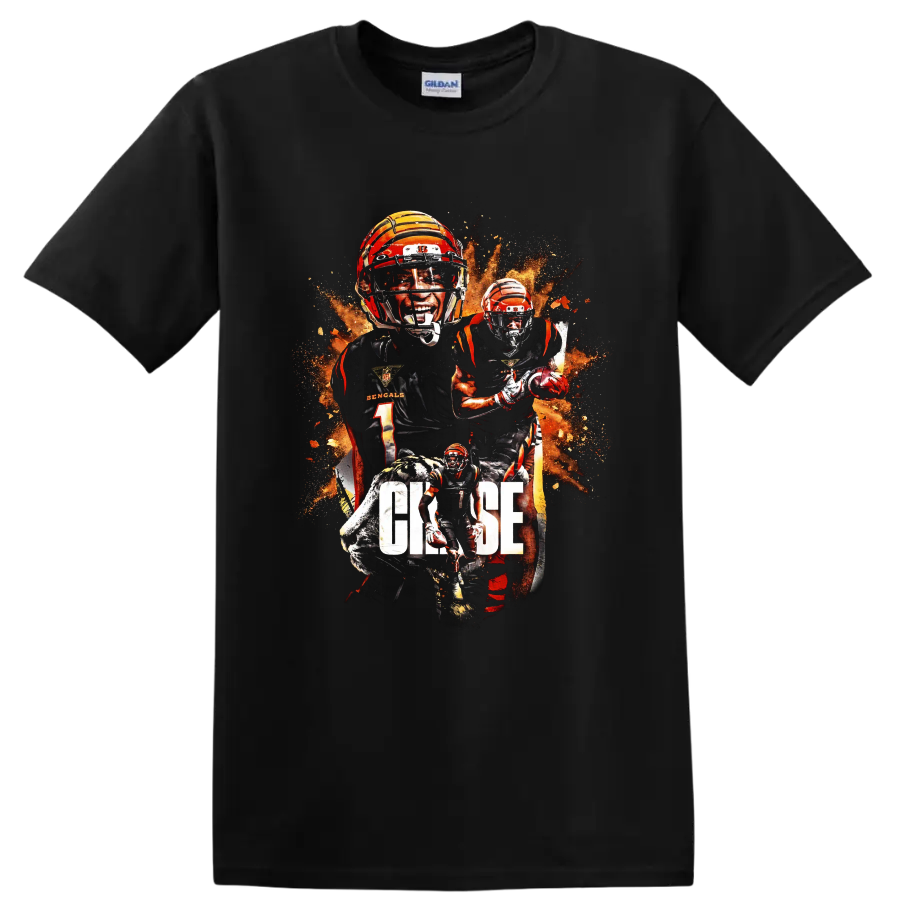 Ja'Marr Chase Bengals football collage with tiger, fiery splatter, and CHASE text on a Black T Shirt