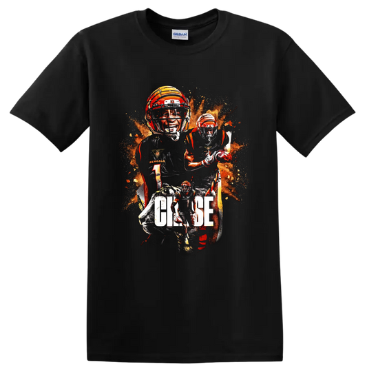 Ja'Marr Chase Bengals football collage with tiger, fiery splatter, and CHASE text on a Black T Shirt