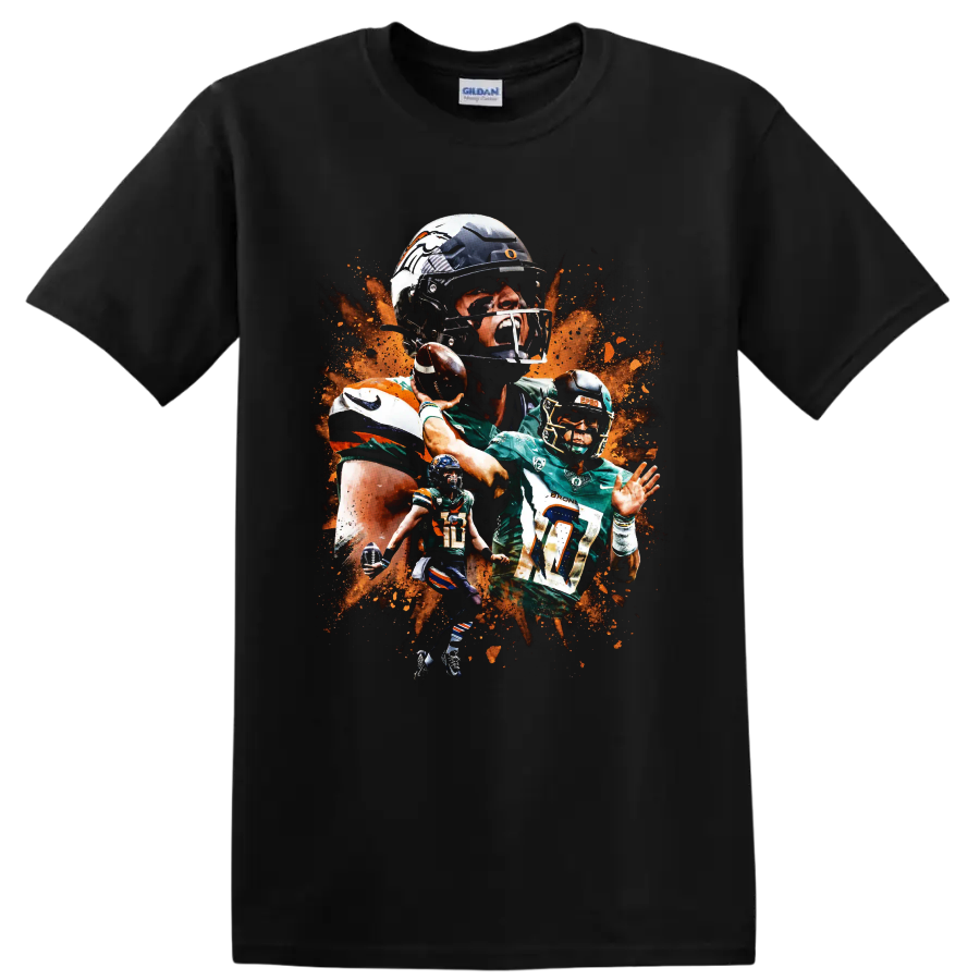 Bo Nix Denver Broncos quarterback collage with number 10 action poses and orange splatter on a Black T Shirt
