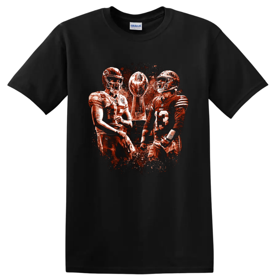 Patrick Mahomes and Brock Purdy with Lombardi Trophy in distressed football art on a Black T Shirt