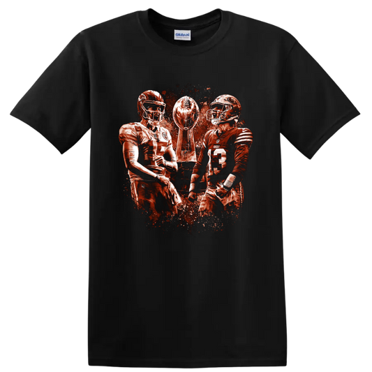 Patrick Mahomes and Brock Purdy with Lombardi Trophy in distressed football art on a Black T Shirt