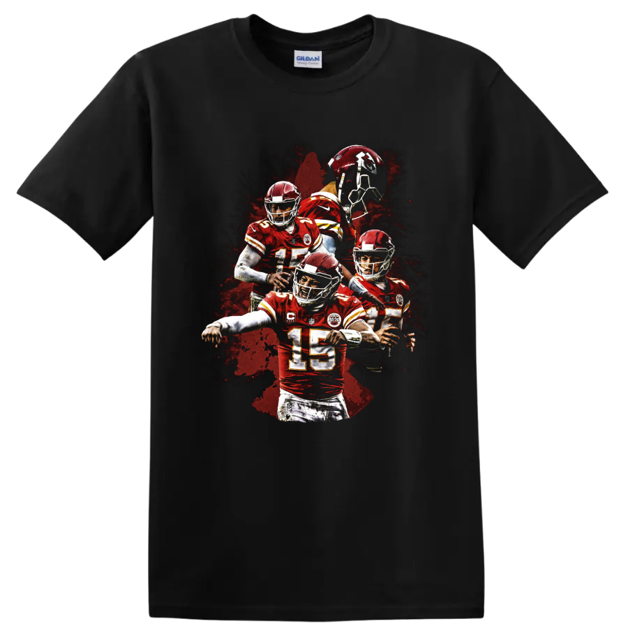 Patrick Mahomes Kansas City Chiefs number 15 action collage with red paint-splatter art on a Black T Shirt
