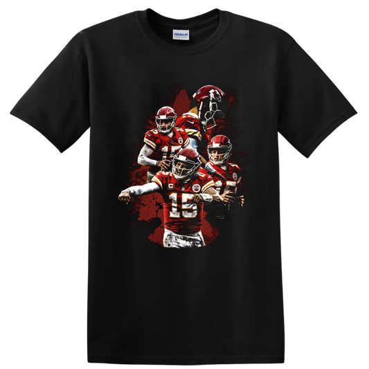 Patrick Mahomes Kansas City Chiefs number 15 action collage with red paint-splatter art on a Black T Shirt