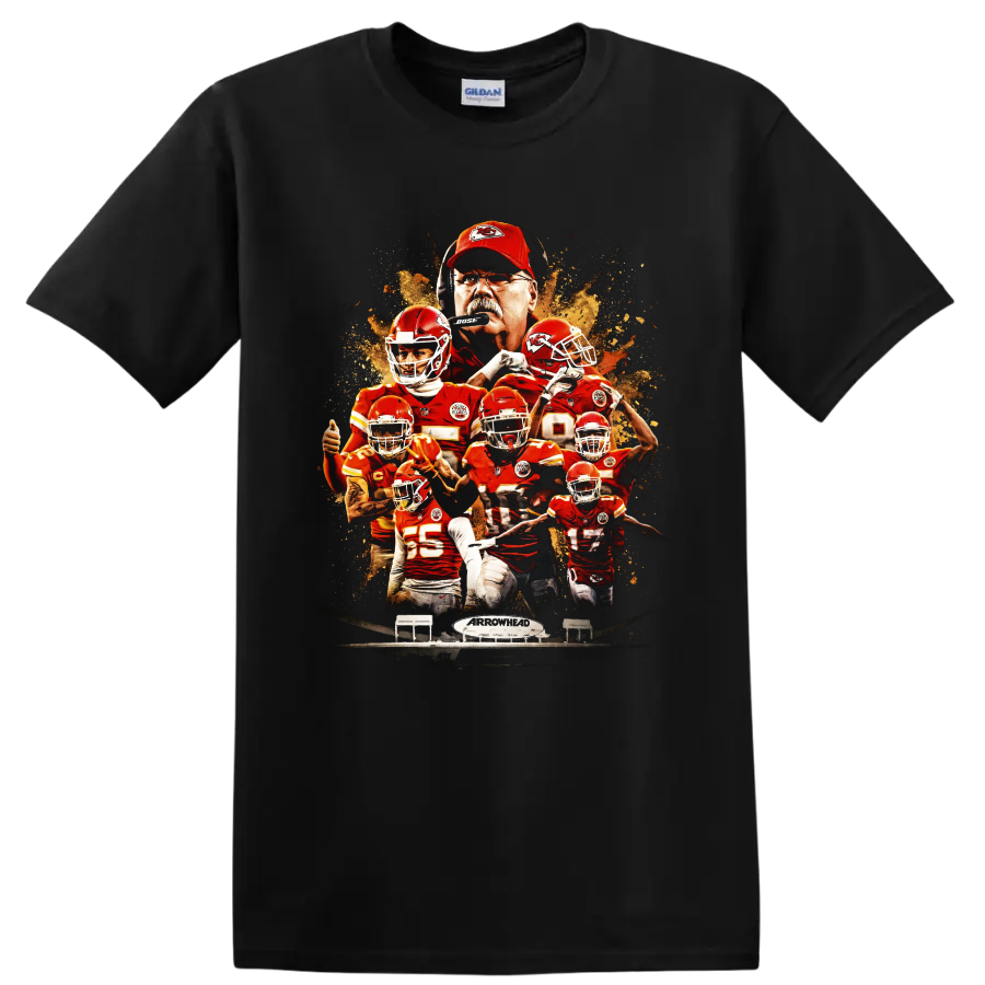 Kansas City Chiefs Mahomes and Reid paint-splatter football collage with Arrowhead on a Black T Shirt