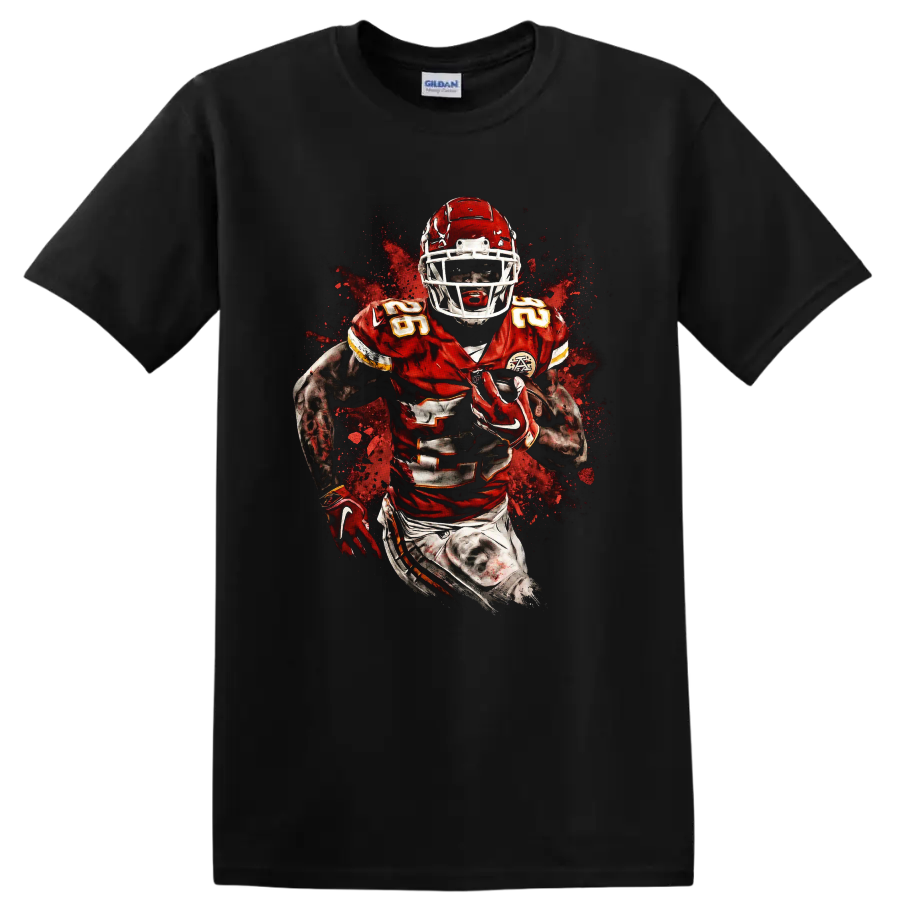 Isiah Pacheco Kansas City Chiefs running back action graphic with paint splatter on a Black T Shirt