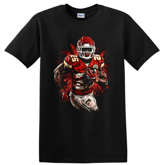 Isiah Pacheco Kansas City Chiefs running back action graphic with paint splatter on a Black T Shirt