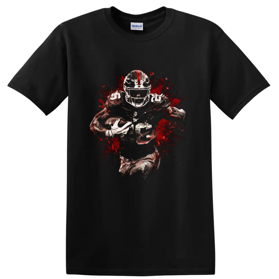 No. 25 football running back in gritty red splatter action artwork on a Black T Shirt