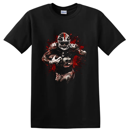No. 25 football running back in gritty red splatter action artwork on a Black T Shirt