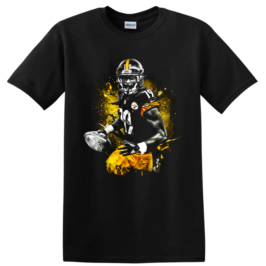 JuJu Smith-Schuster Pittsburgh Steelers number 19 football player splash graphic on a Black T Shirt