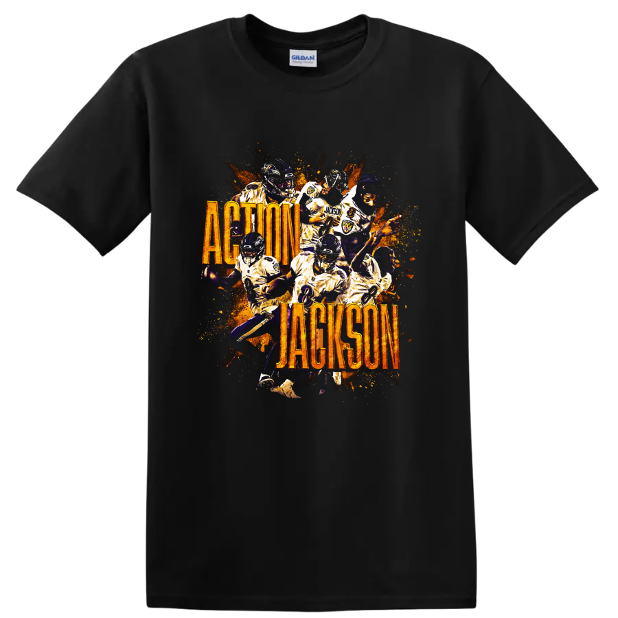 Lamar Jackson Ravens action collage with fiery splatter and Action Jackson text on a Black T Shirt