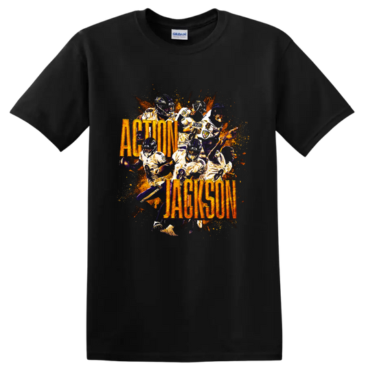 Lamar Jackson Ravens action collage with fiery splatter and Action Jackson text on a Black T Shirt