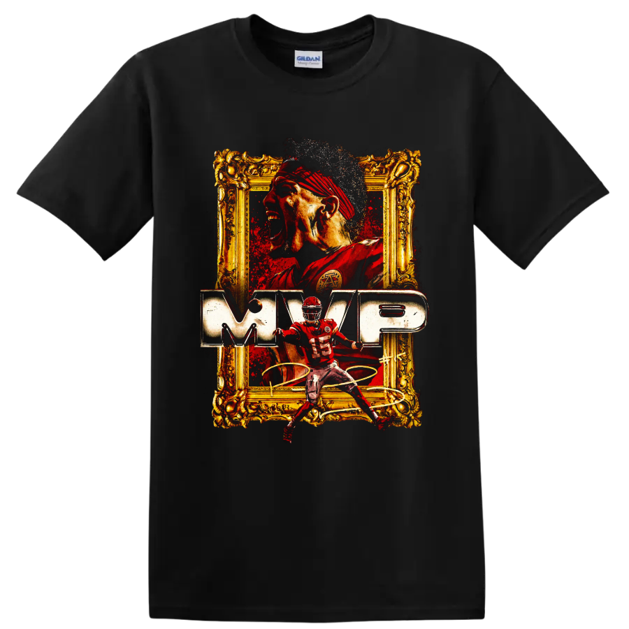 Patrick Mahomes Chiefs MVP graphic with number 15 action pose and ornate gold frame on a Black T Shirt