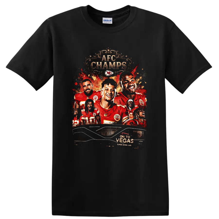 Kansas City Chiefs AFC CHAMPS player collage with On To Vegas Super Bowl LVIII on a Black T Shirt