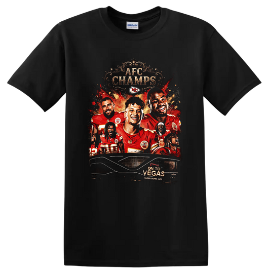 Kansas City Chiefs AFC CHAMPS player collage with On To Vegas Super Bowl LVIII on a Black T Shirt