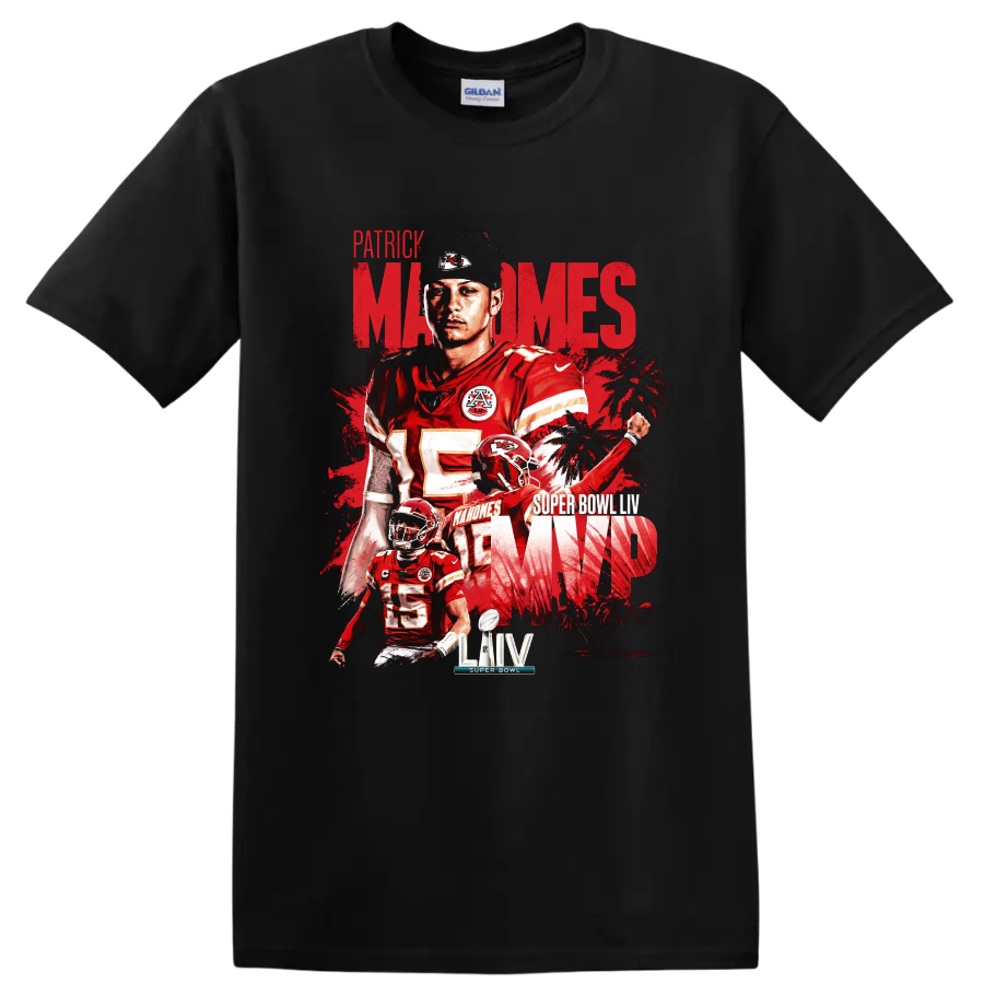 Patrick Mahomes Chiefs Super Bowl LIV MVP distressed football collage graphic on a Black T Shirt