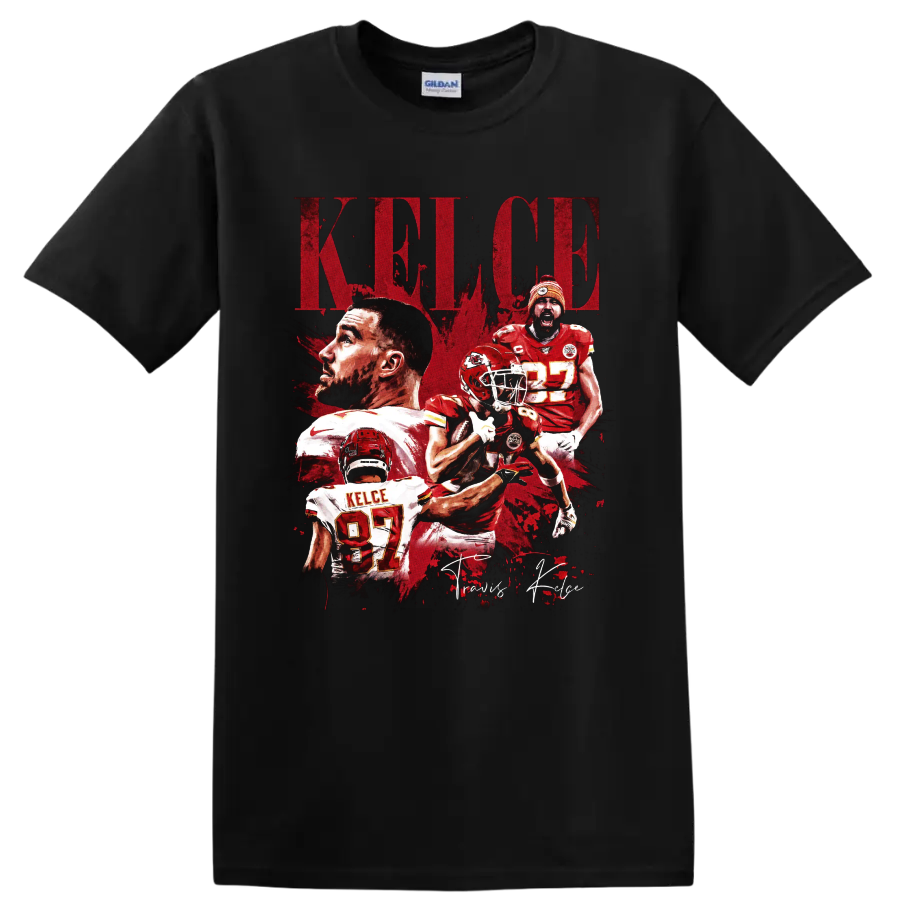 Travis Kelce Chiefs No. 87 distressed football collage with KELCE lettering on a Black T Shirt