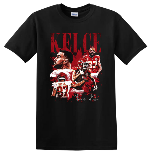 Travis Kelce Chiefs No. 87 distressed football collage with KELCE lettering on a Black T Shirt
