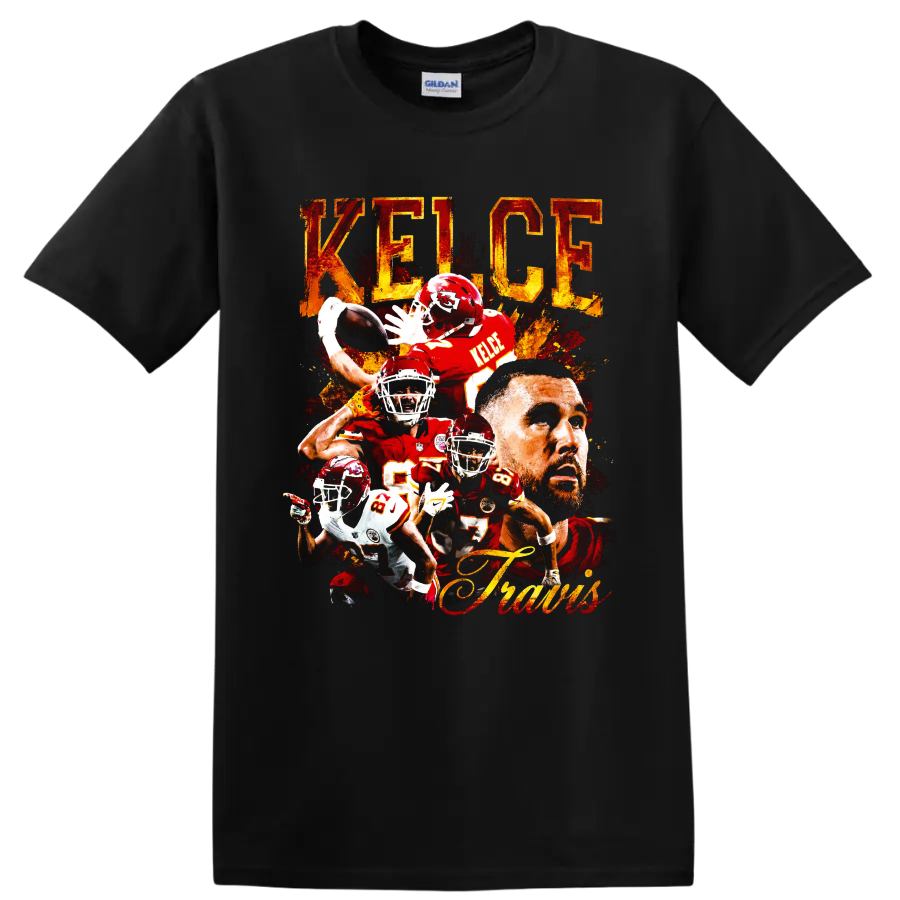 Travis Kelce Kansas City Chiefs football collage with distressed KELCE lettering on a Black T Shirt