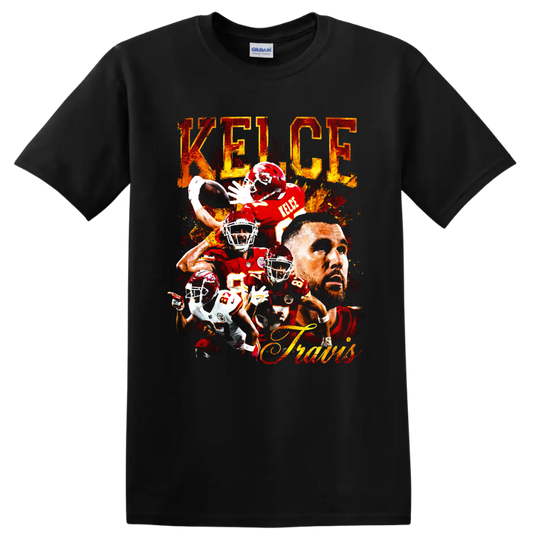 Travis Kelce Kansas City Chiefs football collage with distressed KELCE lettering on a Black T Shirt