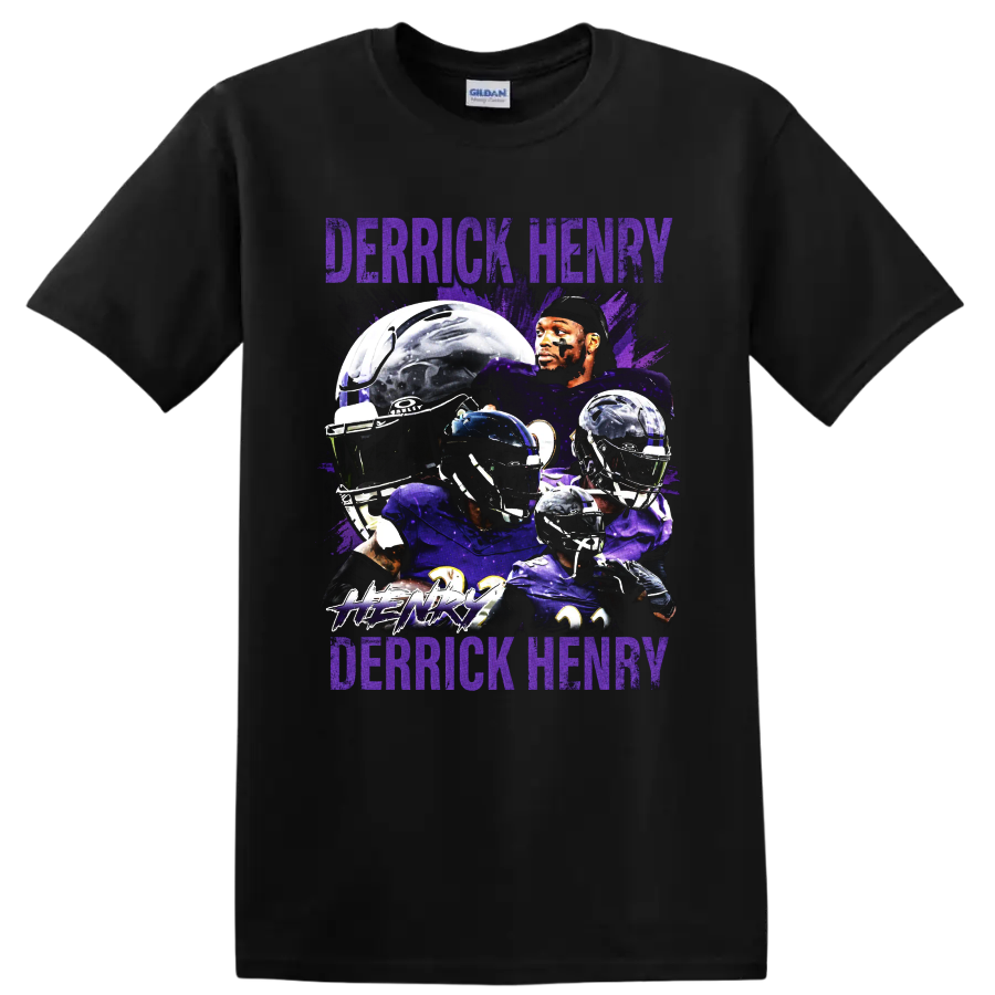 Derrick Henry Baltimore Ravens football collage with helmets and distressed purple text on a Black T Shirt