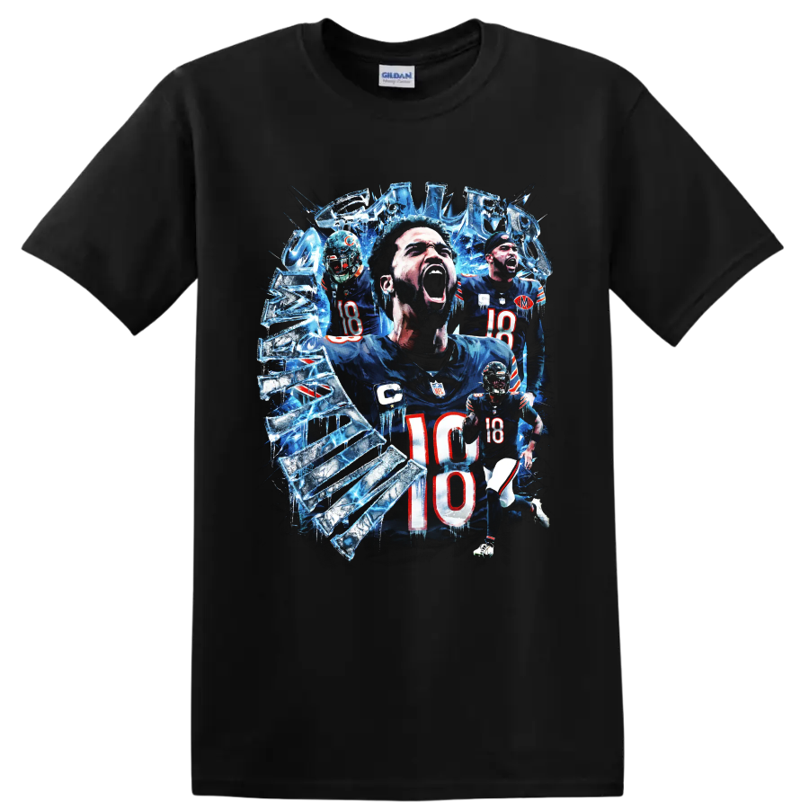 Caleb Williams Chicago Bears number 18 icy shattered football action collage on a Black T Shirt