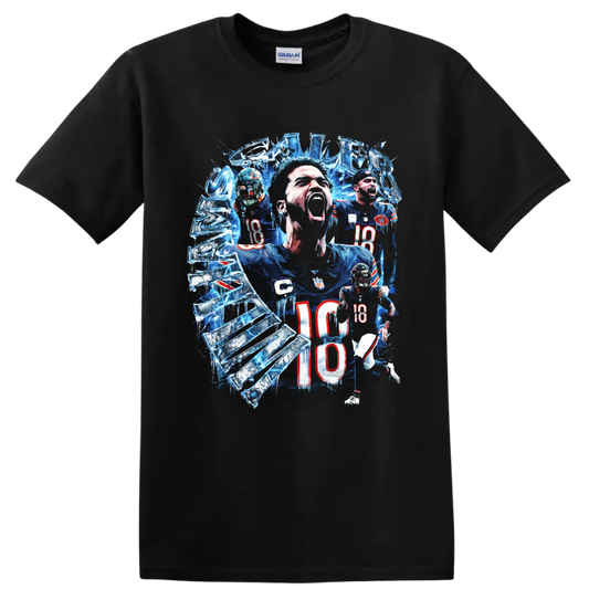 Caleb Williams Chicago Bears number 18 icy shattered football action collage on a Black T Shirt
