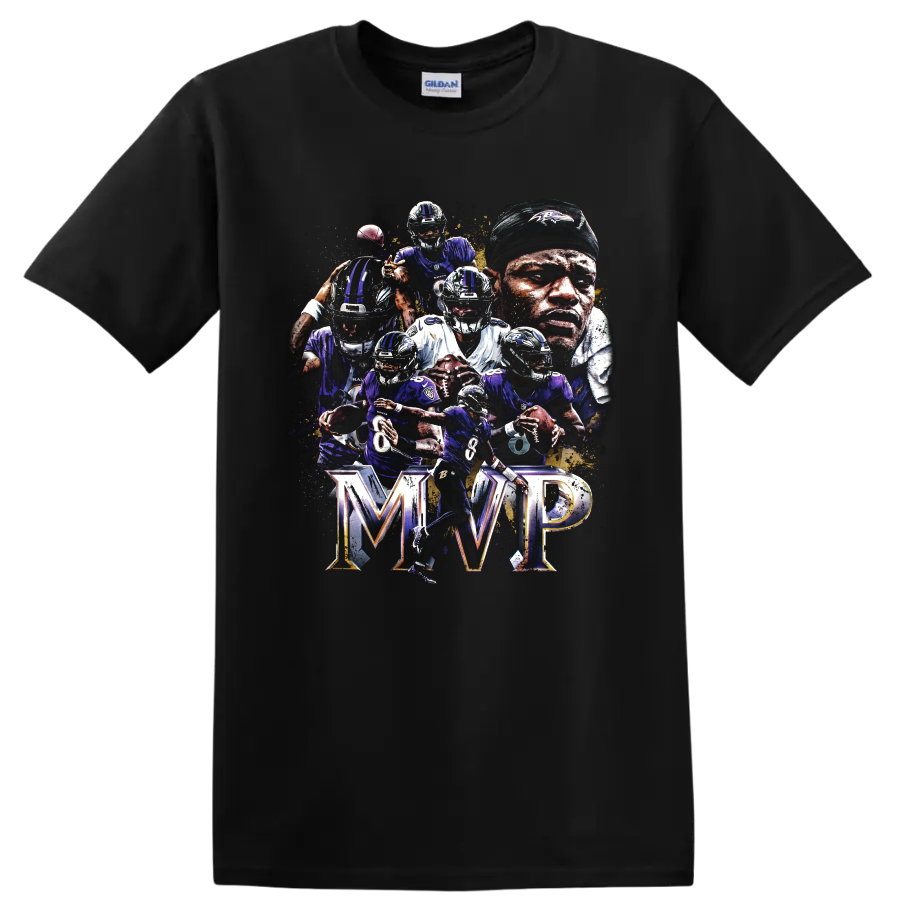 Lamar Jackson Baltimore Ravens MVP action collage with quarterbacks and bold MVP lettering on a Black T Shirt