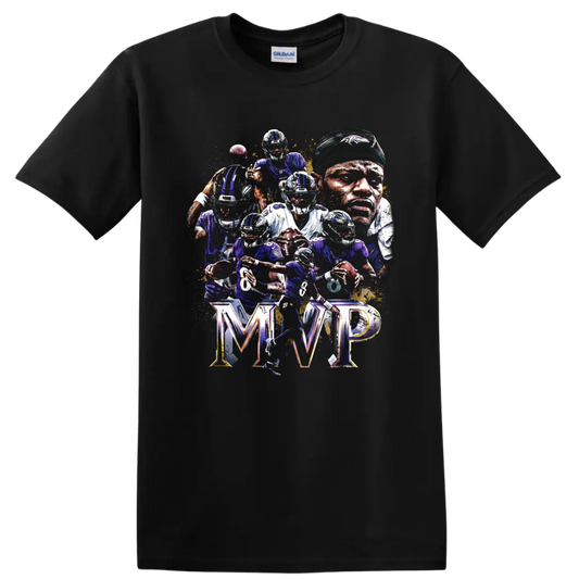 Lamar Jackson Baltimore Ravens MVP action collage with quarterbacks and bold MVP lettering on a Black T Shirt