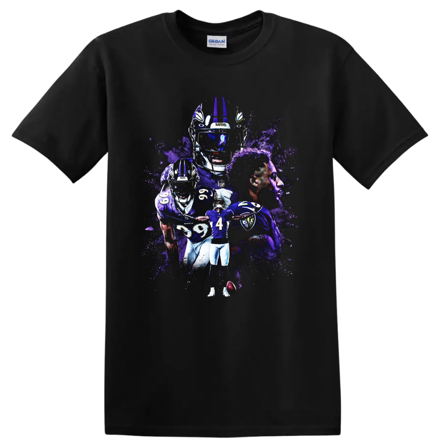 Zay Flowers Baltimore Ravens wide receiver purple paint-splatter football collage on a Black T Shirt