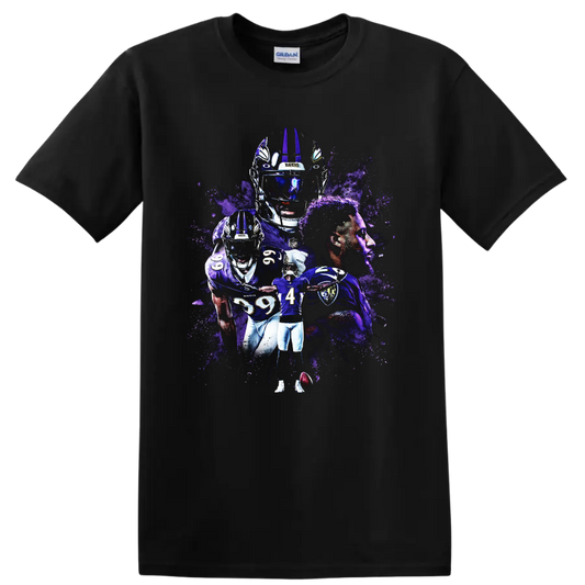 Zay Flowers Baltimore Ravens wide receiver purple paint-splatter football collage on a Black T Shirt