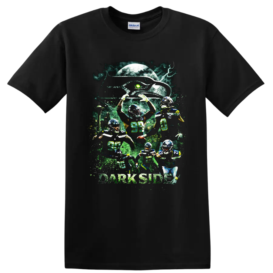 Seattle Seahawks Dark Side football player collage with moon, lightning, and skyline on a Black T Shirt