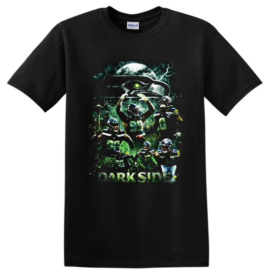Seattle Seahawks Dark Side football player collage with moon, lightning, and skyline on a Black T Shirt