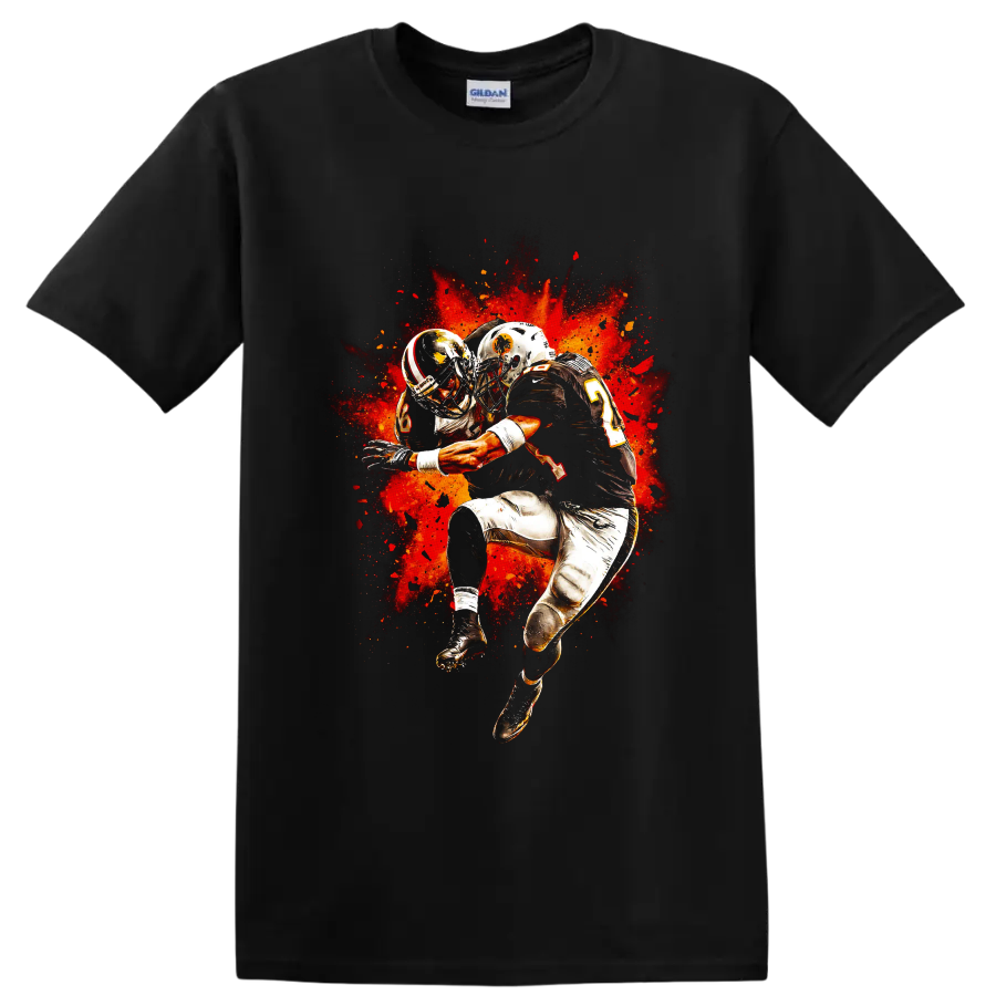 American football players colliding in fiery red-orange splatter action art on a Black T Shirt