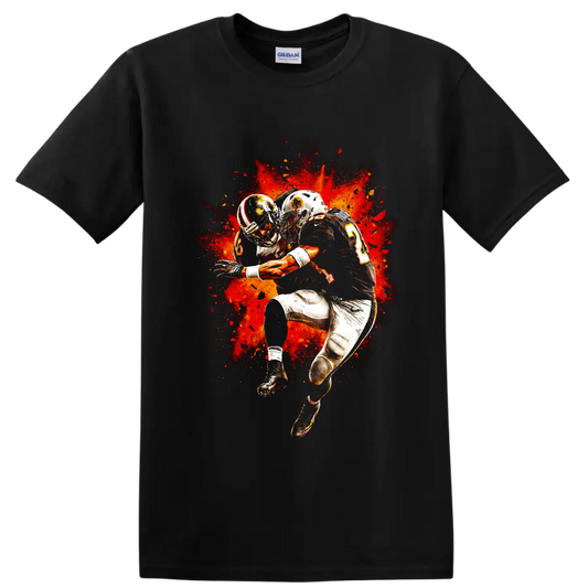 American football players colliding in fiery red-orange splatter action art on a Black T Shirt