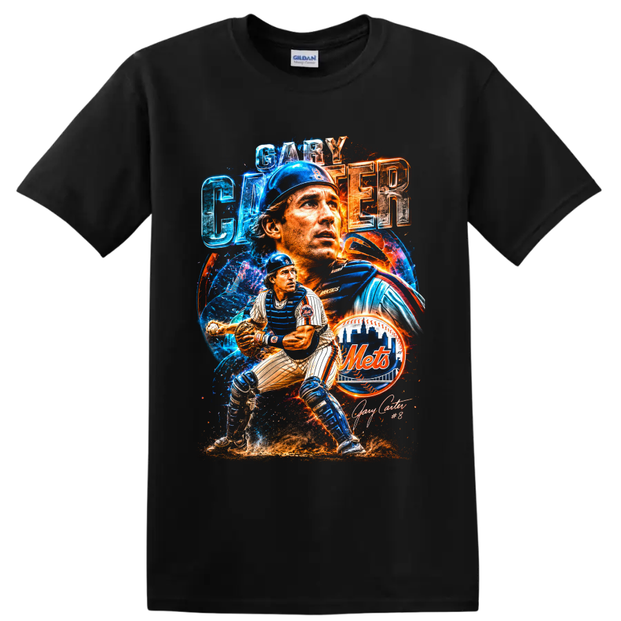 Gary Carter New York Mets catcher portrait and action baseball collage on a Black T Shirt