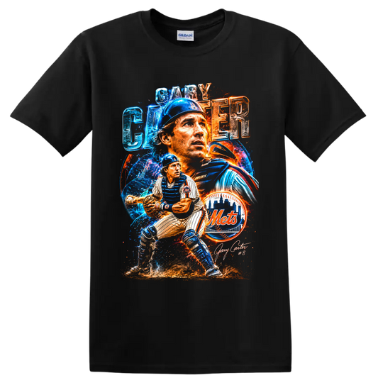 Gary Carter New York Mets catcher portrait and action baseball collage on a Black T Shirt