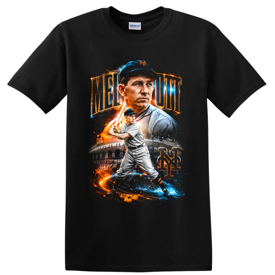 Mel Ott New York Giants portrait and batting graphic with vintage ballpark and NY monogram on a Black T Shirt