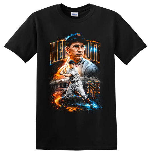 Mel Ott New York Giants portrait and batting graphic with vintage ballpark and NY monogram on a Black T Shirt
